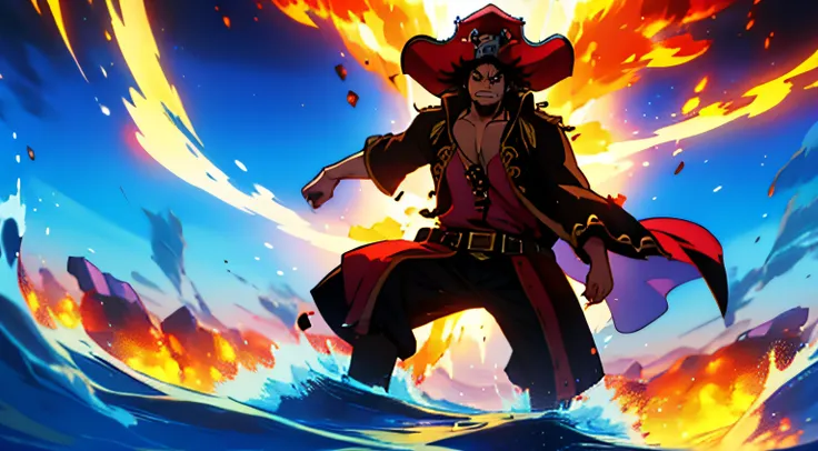 Masterpiece, High Definition, 4K Art, pirate king with an explosion background that can illustrate his power