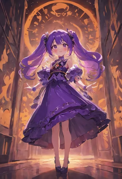 strikingly realistic yet anime-style depiction of a girl with long, vibrant purple hair. She should be donned in a unique Halloween-themed skirt featuring playful, spooky patterns like bats, ghosts, and pumpkins. The girls attire should be completed with a...