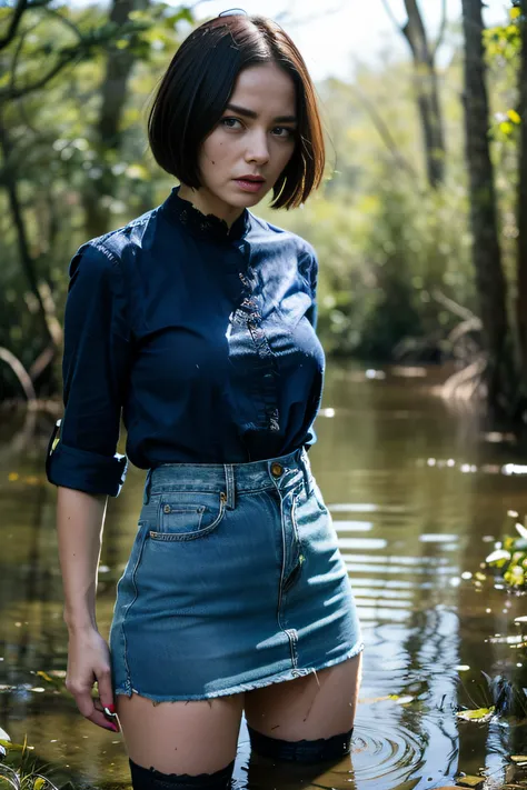 Best Quality, Masterpiece, Ultra-high resolution, Photorealistic,  (in a short denim skirt, blouse, and lace stockings with garters:1.2). Bob haircut, elongated face,,,, (Pronounced wrinkles:1.4). (Shes drowning in a terrible swamp:1.5), (standingn:1.2), A...