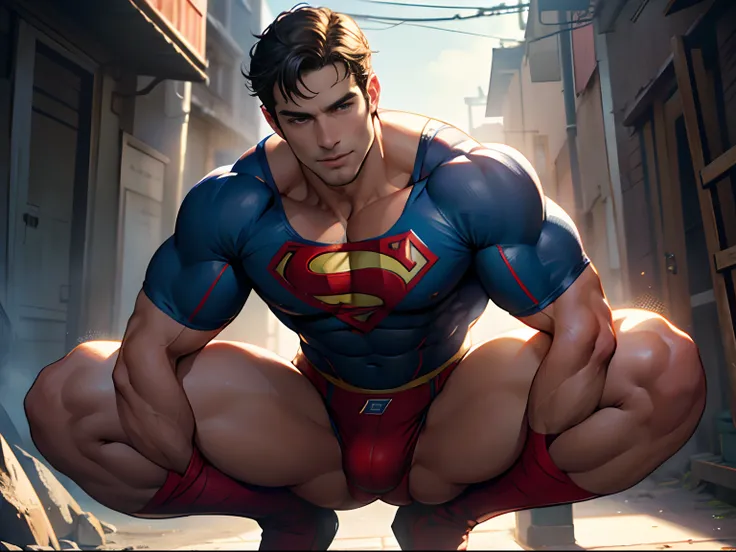 Henry Cavill as Superman ((Best Quality, 8K, ultra-detailed, Masterpiece: 1.3)), 1boy, shiny skin, sharp, Perfect Body Beauty, realistic shaded perfect body, (cute baby face:1.1),("underwear,big bulge ":1.2),(dynamic pose:1.1), thigh , (bulge focus:1.2) ,s...