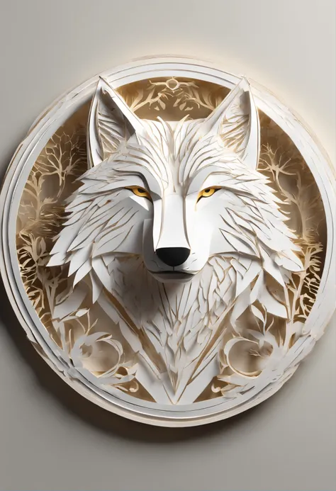 white wolf perfectly centered inside a circular frame wearing headphones with touches of gold and silver, it should look as if carved out of ivory and should be only the face of the wolf