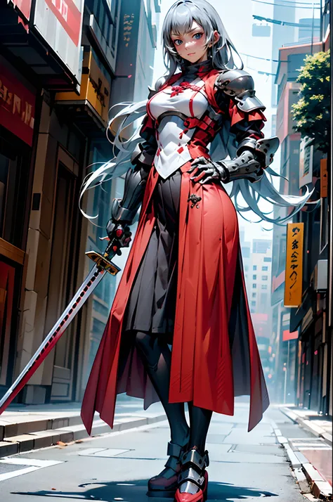 Shiryuu, tunic, saber holding, standing closed eye, silver hair,full body, armored, assasin killer murder armor, mystic armor, character in medieval city, fantasy city, surreal city, fantasy setting, ruins, long skirt