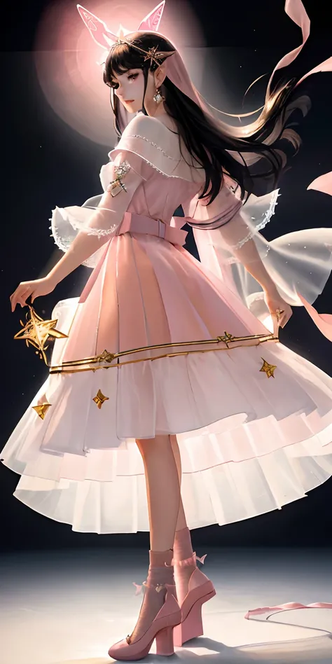 A 17-year-old girl, Super long, Flowing black hair.
	• Gentle facial features，There was a hint of mystery and confusion in his eyes.

Wearing a (Light pink:1.3) and light white dresses, Blended with subtle gold or silver details.
The dress combines element...