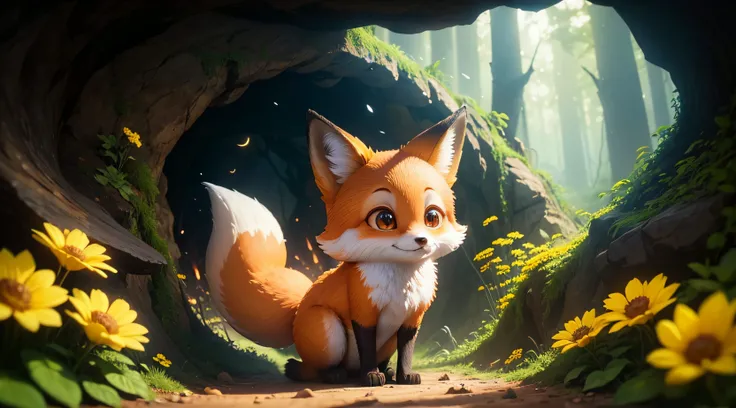 adorable fox inside a cave on Forest, Close-up, back the Lens, Pixar Movie Style, best quality, Cinematic Movie Still, very cute, big eyes, brigth eyes, birds and yellow flowers around, smiling, looking to bonfire