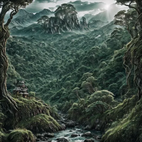 The broad, rugged landscape takes center stage in this vivid painting. Craggy cliffs jut out from rolling hills covered in emerald grass. A crystal river winds through the countryside, glinting silver under the bright sun. Lush forests blanket the land, do...