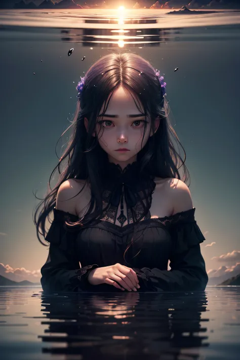 A lone woman, enveloped in the evening gloom, sits on the edge of a serene lake. His lost gaze reflects the vastness of his thoughts and the shadows of his heart. Her gentle breeze makes her long, dark hair wave, but she seems imperceptible to it. The refl...