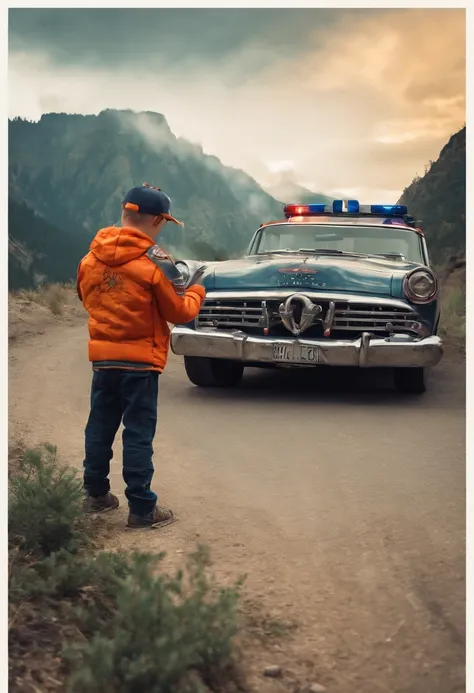 cartoon style, anime style, comic book style, realistic, police car in fire, a boy drive car, fire, cute devil boy with a cap, hoodie, high quality