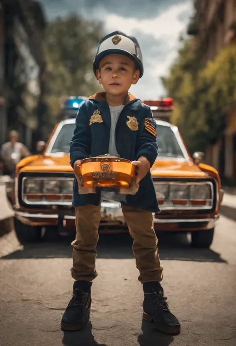 cartoon style, anime style, comic book style, realistic, police car in fire, a boy drive car, fire, cute devil boy with a cap, hoodie, high quality