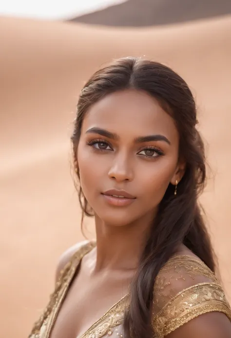 dark brown skin, beautiful face, veiled , african tribal theme, gold jewelry, ((crystal clear hazel eyes:1.2)), detailed eyes, beautiful eyes, ((masterpiece, UHD, 8K)), Depth of field, sand dunes, cleavage, large breasts, focus on eyes, breasts popping out...