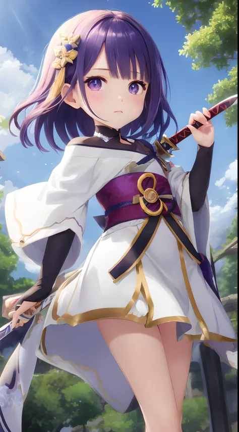 piel blanca, Cara ultra hermosa, sigurando una katana, Small sword, Luz ambiental, pessonage, anime, child with short hair, negro plateado, purple eyes, Hermosos ojos, bashful, Max Quality.