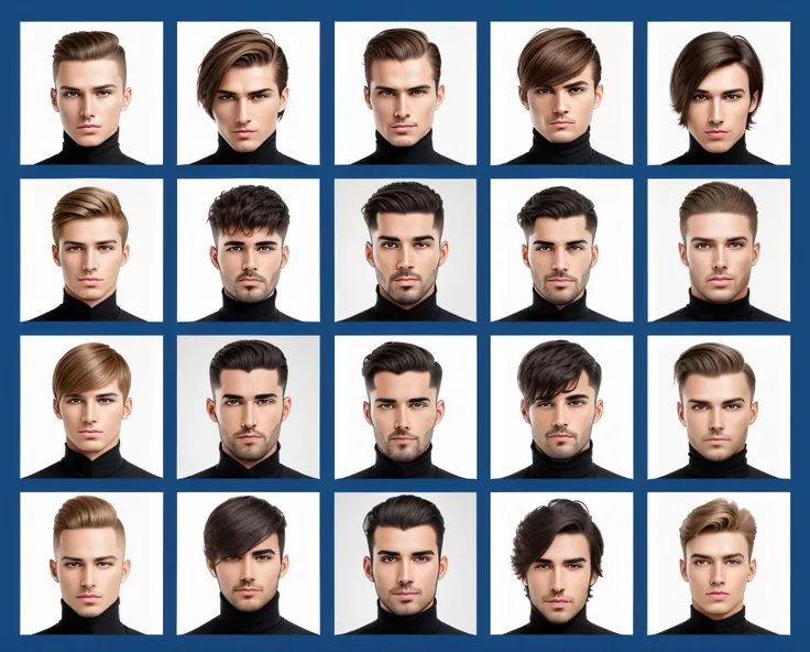 arafed image of a man with different hairs and facial expressions, handsome symmetrical faces, collage of styles, with different hairstyle, modern haircut, square masculine facial features, diverse haircuts, fashionable haircut, boy hair, head and shoulder...