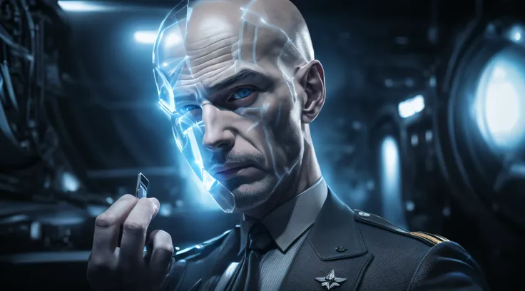 bald man with pale skin, has wrinkles and a scar, light blue eyes almost white, gray Soviet style suit, half of his body is a hologram, he is taking a chip, background of the image advanced military bunker, tubes, cables screens, ultra realistic , ultra de...