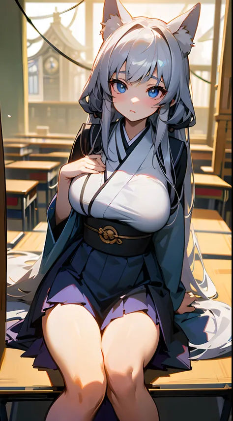 1 girl in、With long silver hair、long、Blue eyes、Beautiful eyes、Lustrous eyes、Bewitching face、((((((elementary student))))))、(Black kimono)、Floral kimono、japanese kimono、Fox ears、sitting on、Fox tail、Looking at the camera、It is drawn from head to thigh、((High...