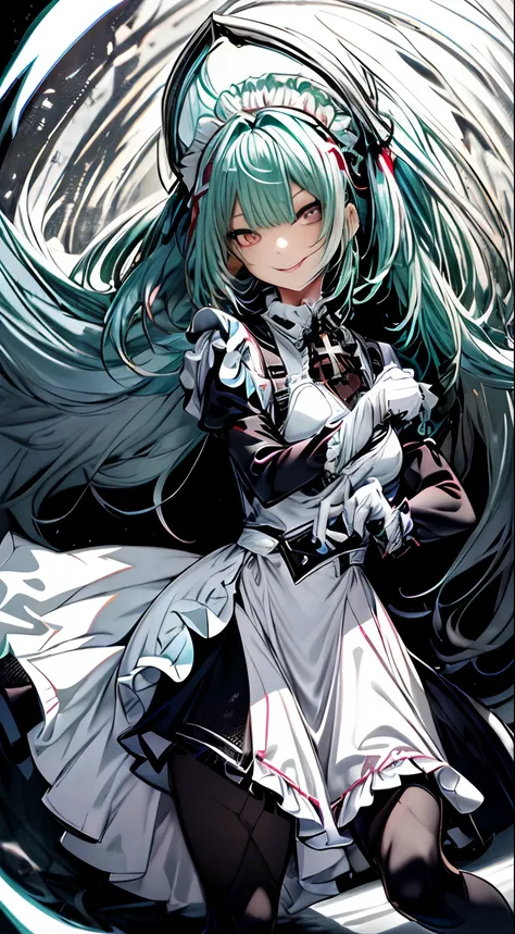 、Full body、maid 、maid clothes、long、miku hatsune、Green hair、Twin-tailed、Ahegao ( Silly / Sexual ecstasy)、Cross-eyed、Stranger、View other people、Blunt bangs、 over-kneehighs,Ahegao , Silly,Sexual ecstasy,Drunken eyes,Blunt bangs, Green hair,(masutepiece:1.2, B...