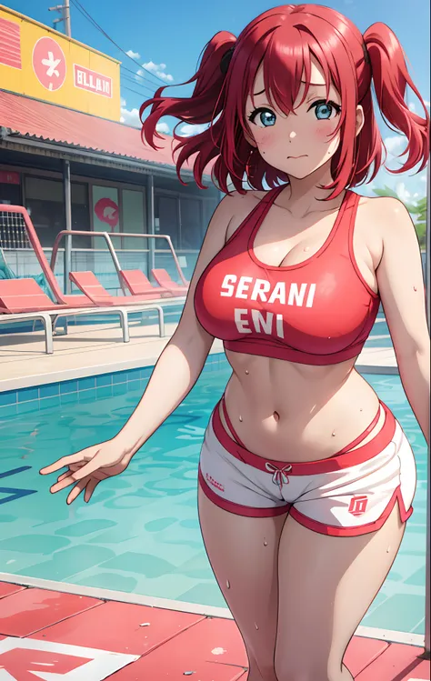 kurosawa ruby,pink crop top, white tight shorts ,soaked in sweat,sweaty, heavy breathing,red face,blunt hair,curvy body, standin...