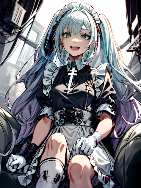 sitting in a throne、Full body、maid 、maid clothes、long、miku hatsune、Green hair、Twin-tailed、Ahegao ( Silly / Sexual ecstasy)、Cross-eyed、Stranger、View other people、Blunt bangs、 over-kneehighs,Ahegao , Silly,Sexual ecstasy,Drunken eyes,Blunt bangs, Green hair,...