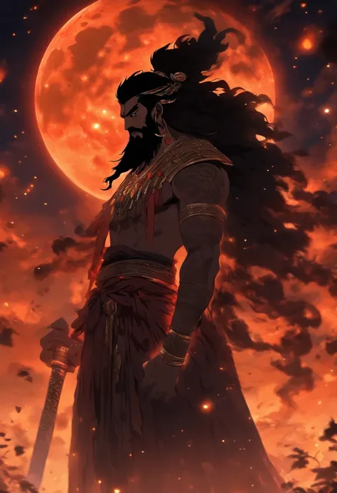 (((NANA)) best quality, ultra-high resolution, 4K detailed CG, masterpiece, The Moon God, night, black beard,Sumerian clothing, Sumerian mythology, ((STANDING POSE)), Sumerian painting, aesthetic , centered on the screen