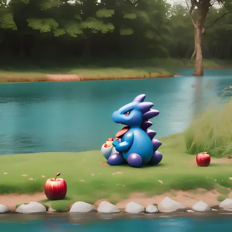 bright and colorful cartoon style of the Pokémon totodile eating an apple on the bank of a river, el escenario un bosque de fondo