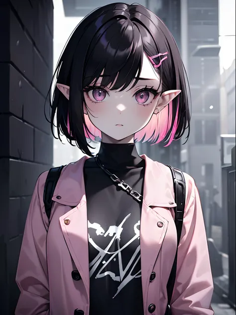 (masterpiece,best quality,ultra-detailed),1girl,messy hairstyle,thick hair,short hair,bob cut, (multicolored hair,pink and black hair, black hair),aesthetic hairstyle,pointy ears,(pale skin),pink outfit, beautiful and detailed face, detailed eyes, jacket, ...