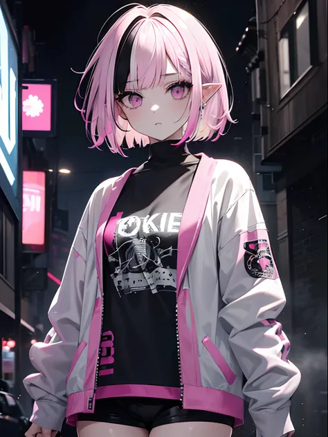 (masterpiece,best quality,ultra-detailed),1girl,messy hairstyle,thick hair,short hair,bob cut, (multicolored hair,pink and black hair, black hair),aesthetic hairstyle,pointy ears,(pale skin),pink outfit, beautiful and detailed face, detailed eyes, jacket, ...