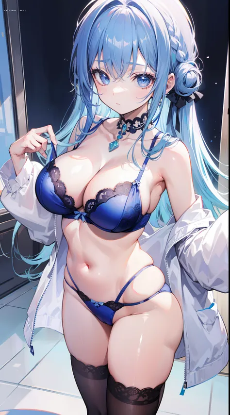 masutepiece、hight resolution、1girl in、in ones underwear only、Blue lingerie、large full breasts、bending forward、Poses that emphasize breasts、Cute anime illustration、