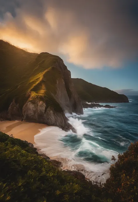 The background is composed of an awe-inspiring landscape, como uma montanha majestosa com seu pico coberto de neve ou um nascer do sol vibrante sobre o oceano. No centro do prompt, o texto em letras grandes e ousadas, com uma fonte encorajadora e positiva....