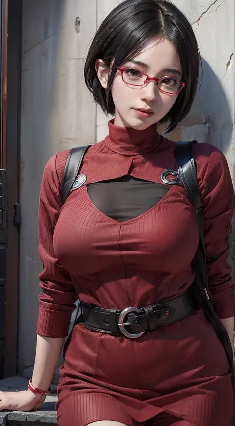 1girl, uchiha sarada in anime boruto, short hair, black hair, red eyes, smile, beautiful, sexy dress, sexy clothes, red clothes, wear red glasses, very big breast, realistic clothes, detail clothes, outdoor background, ultra detail, realistic