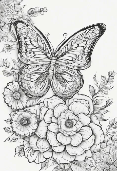 mandala style, butterfly, coloring book, clean line drawing, (((Black & White))), White Background.