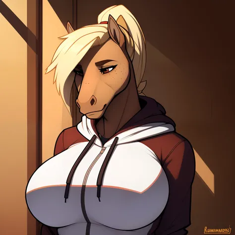 Tall_lanky_horse large_breasts female blonde_hair brown_furry_body freckles exhausted brown_eyes short_ponytail short_tail solo Masterpiece best_quality absurdres highly_detailed hoodie horse_snout cleanly_drawn_eyes anthro_only by_claweddrip, by_greasymoj...