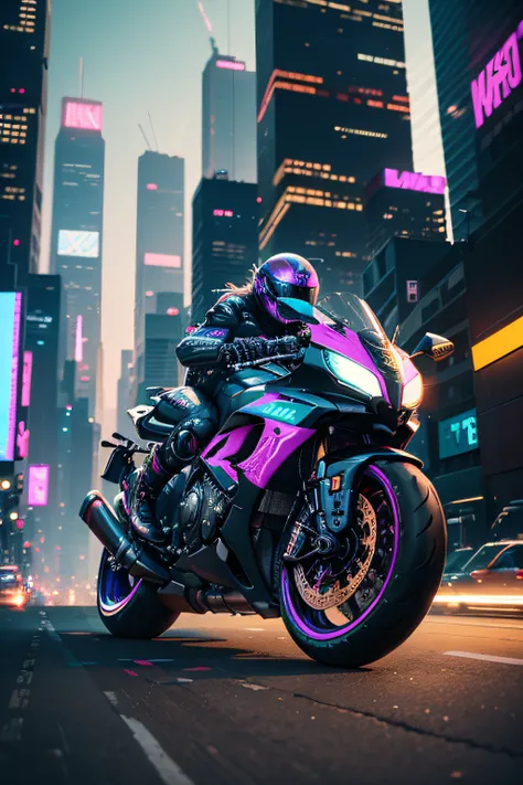 /imagine prompt: An urban cyberpunk cityscape, a futuristic motorcycle racer zooming through neon-lit streets, the citys skyscrapers towering above with holographic billboards, a sense of high-speed energy and adrenaline, Digital art, with a focus on the i...