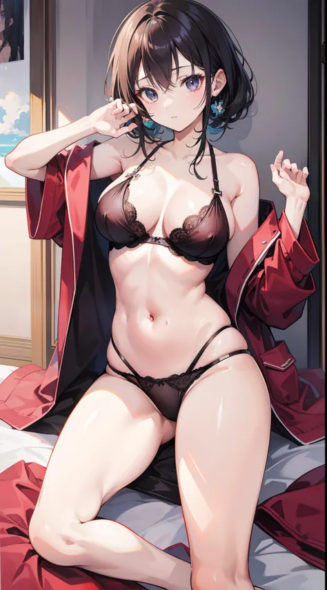 masutepiece、hight resolution、1girl in、in ones underwear only、Brown lingerie、large full breasts、bending forward、Poses that emphasize breasts、Cute anime illustration、