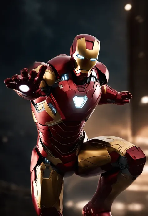 Closeup of Iron Man Flying Standing Through the Air, Right hand pointed forward, Bright hands and bright light on the chest, Superhero pose, city lighting, traje do homem de ferro, Ironman, Homem de Ferro, Filme da Marvel, papel de parede 4k, Iconic charac...