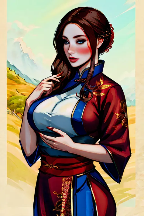 woman, anime, ((chinese)), beautiful, large breasts, red mascara, blue eye color, painted fingernails, pale skin, light brown hair, chignon, long hair, xanxia, xuxia, cultivator, grassy hills, laurel wreath, standing, ancient chinese clothing,