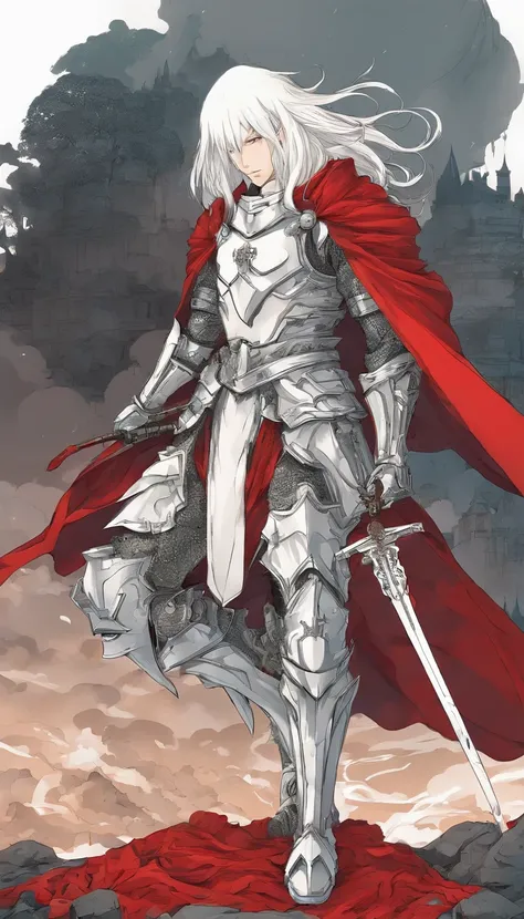 One Male albino knight with long hair, wearing heavy armor with a red hood carrying a long swords