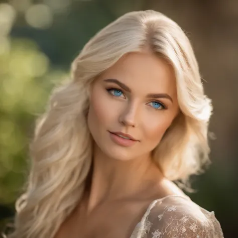 bright blonde hair, blue eyes, medium to large breast size, corinna kopf, natural makeup, ultra-realisitic