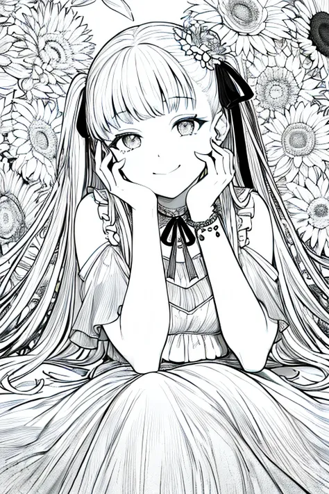 masterpiece, best quality, 1girl, solo, long_hair, looking_at_viewer, smile, dress, ribbon, jewelry, very_long_hair, hair_ribbon, flower, bracelet, two_side_up, hand_on_own_face, head_rest, hand_on_own_cheek, lineart, monochrome,