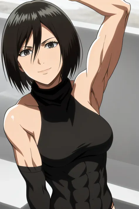 deslumbrante, armpits, detalles intrincados, 1girl, mikasa ackerman, (cabello negro:1.3), pelo entre los ojos, pelo corto, patil...