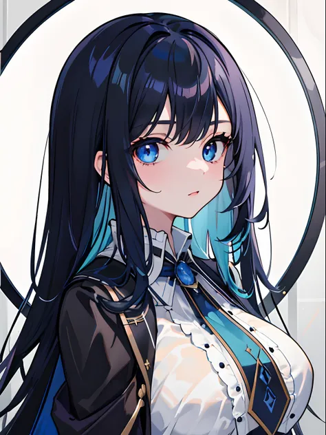 Best Quality, Masterpiece: 1.2, Ultra Detail, (Portrait), (Highest Detail Face: 1.2), 1girl, Long hair, Black hair, inner blue hair, blue eyes, big breasts