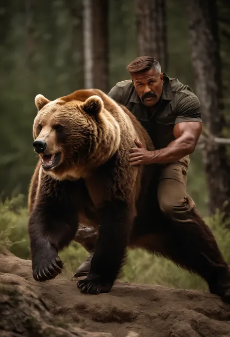 (best quality,ultra-detailed,realistic:1.37),Steve Harvey fighting a bear,brave encounter,thrilling struggle,strong determination,fierce battle,blazing courage,adrenaline rush,action-packed scene,explosive confrontation,ferocious conflict,high-intensity cl...