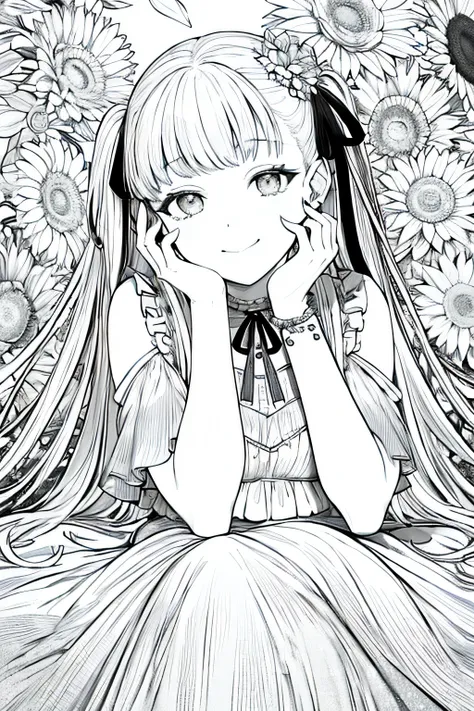 masterpiece, best quality, 1girl, solo, long_hair, looking_at_viewer, smile, dress, ribbon, jewelry, very_long_hair, hair_ribbon, flower, bracelet, two_side_up, hand_on_own_face, head_rest, hand_on_own_cheek, lineart, monochrome,