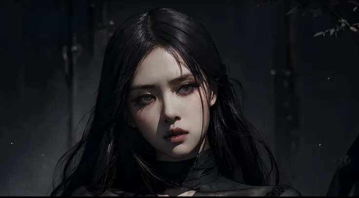 (best quality, highres:1.2), realistic, black dress, black hair, dark theme, black background, intense gaze, elegant posture, flowing dress, detailed facial features, long eyelashes, pale skin, contrast, fine details, dramatic atmosphere, gothic style, int...