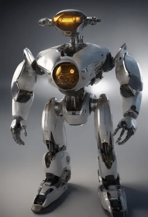 The image shows a futuristic-looking robot with a sturdy metal frame and technological details. A flecha do mouse, which is normally controlled by a human being, is pointed at the computer screen. The robot has been programmed to perform automated tasks, c...