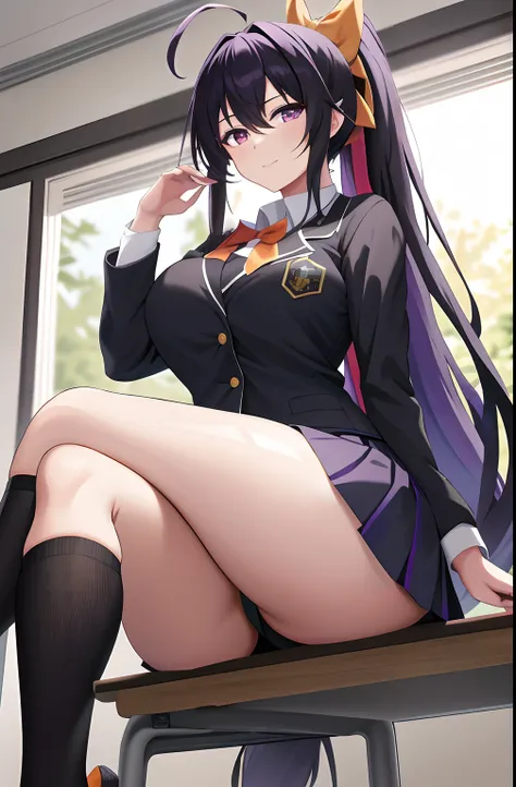 masterpiece, best quality, highres, best quality, highres, akeno himejima, 1girl, long hair, school uniform, black hair, ahoge, purple eyes, large breasts, very long hair, ponytail, orange head bow, breasts, skirt, huge ahoge, socks, stitting, crossed legs...