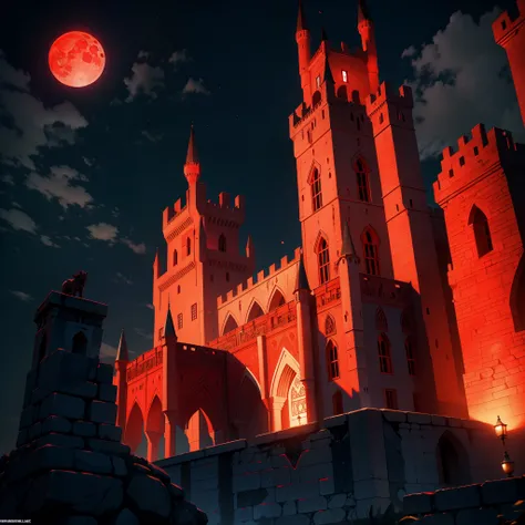 Moroccan Islamic Castle of Dracula Bright red moon behind the castle Great Legendary Islamic Architecture Built on Vampire Lion Statues Super Realistic Hyper Realistic Rock Texture Dynamic Shot Dynamic Shot Dynamic Shot 3D View