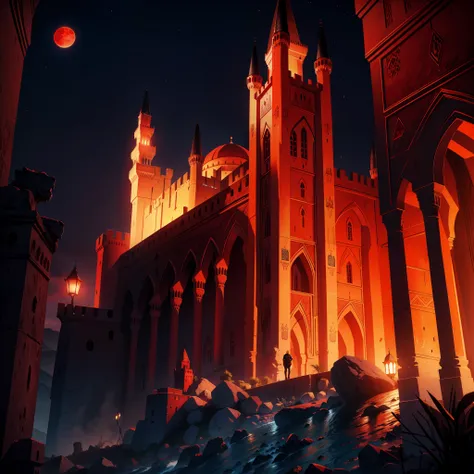 Moroccan Islamic Castle of Dracula Bright red moon behind the castle Great Legendary Islamic Architecture Built on Vampire Lion Statues Super Realistic Hyper Realistic Rock Texture Dynamic Shot Dynamic Shot Dynamic Shot 3D View