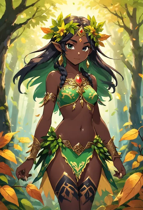 Dryad, ebony black skin, covered in dark brown leaves and bark, dripping sacred antidote from leaves, masterpiece, best quality