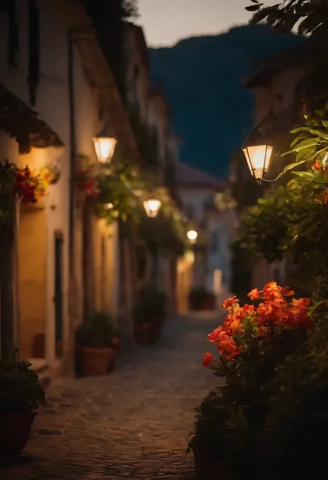 Tropical forest with a small Italian town center at sunset with warm lights and a tropical blue beach in the distance, cobble road, small  Italian restaurants, vibrance, flowers