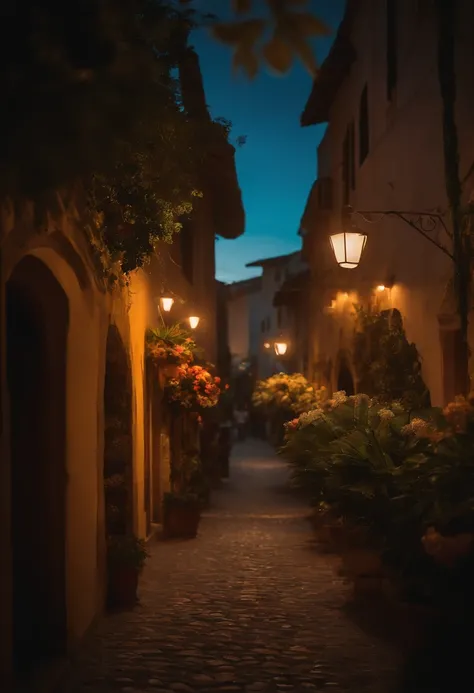 Tropical forest with a small Italian town center at sunset with warm lights and a tropical blue beach in the distance, cobble road, small  Italian restaurants, vibrance, flowers