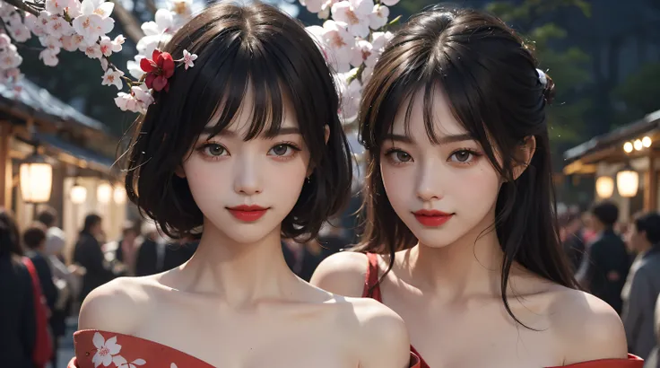 best quality, masterpiece, ultra high res, RAW, 8k, ultra-realistic, 1 young girl, offshoulder, smile, warm light, (night-time:1.2), detailed skin, (black hair:1.4), red lipstick, (Bangs:1.2), ((Sakura Background)), extremely beautiful eyes, wearing kimono...