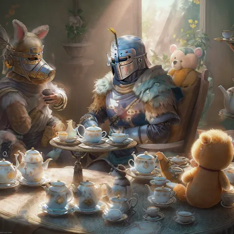 (masterpiece),((solaire)),a knight sitting at a ((tea party:1.2)), with ((cute stuffed animals:1.2)), atmospheric 4k ultra detai...